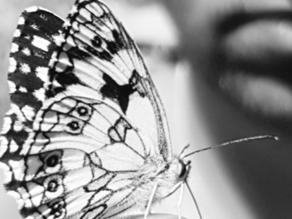 Ein Schwarz-Weiß-Bild, das einen Schmetterling auf einem Finger zeigt